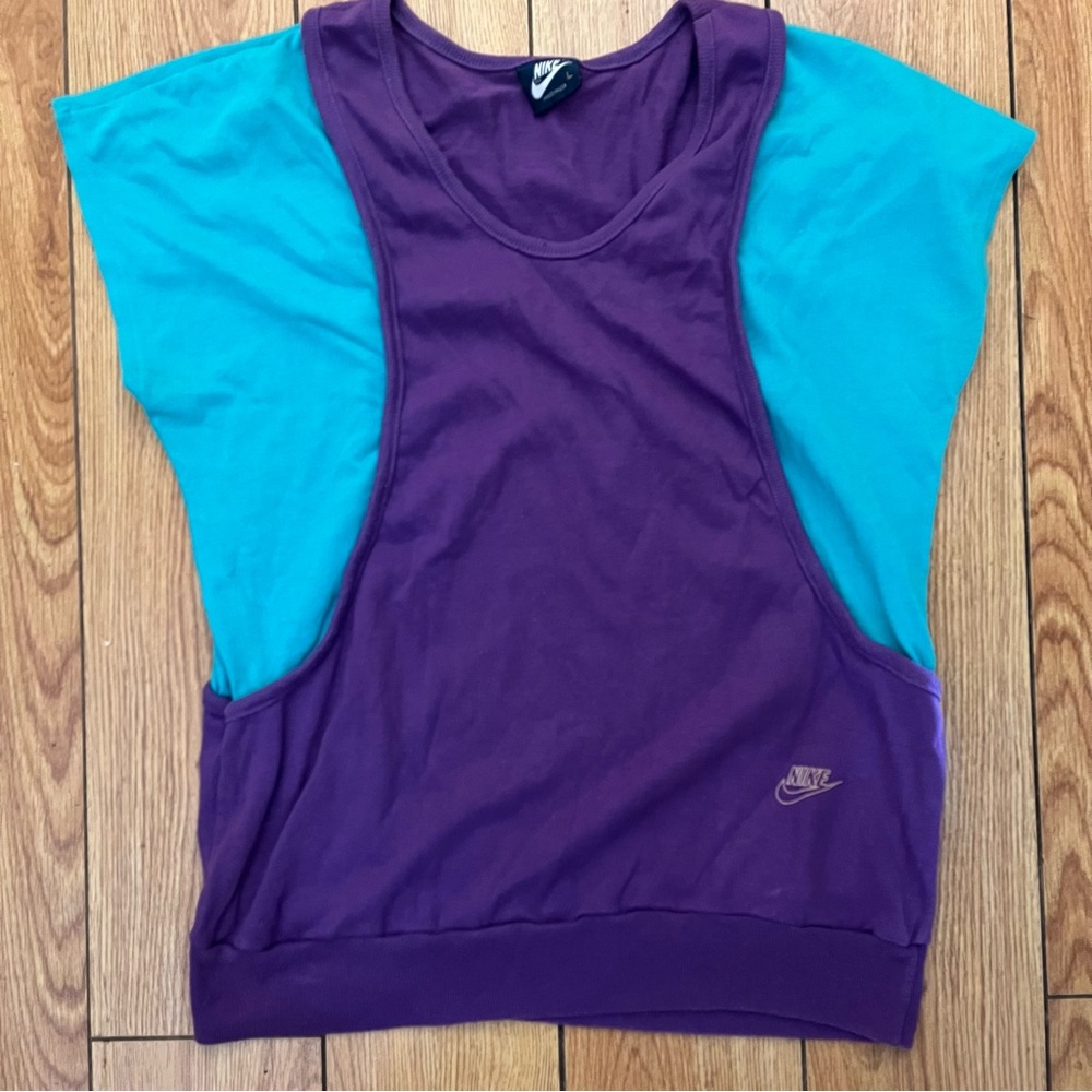 Vintage Nike Purple and Teal Sleeveless Sweatshirt Top